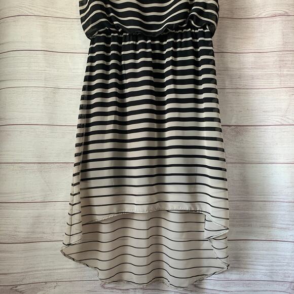 Charming Charlie Nude and Black Striped Dress Sheer Overlay High Low Hem Size L - Picture 3 of 16